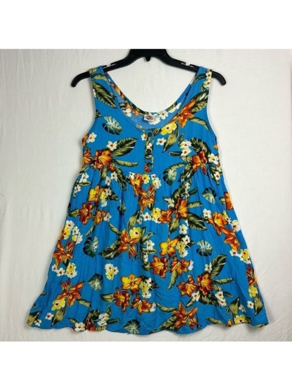 Makai Beach Blue Orange Floral Hawaiian Babydoll Dress Women's Medium